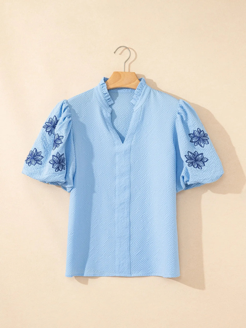 Flower Embroidered Puff Sleeve Split Neck Textured Blouse
