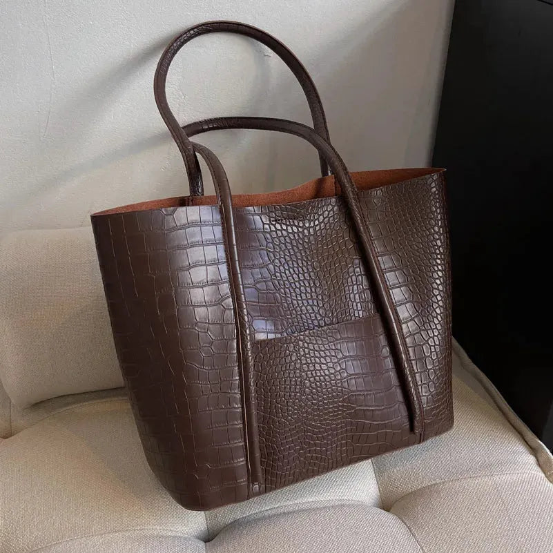 Blanca | Vintage Skuldertaske i Brunt Krokodilleskind