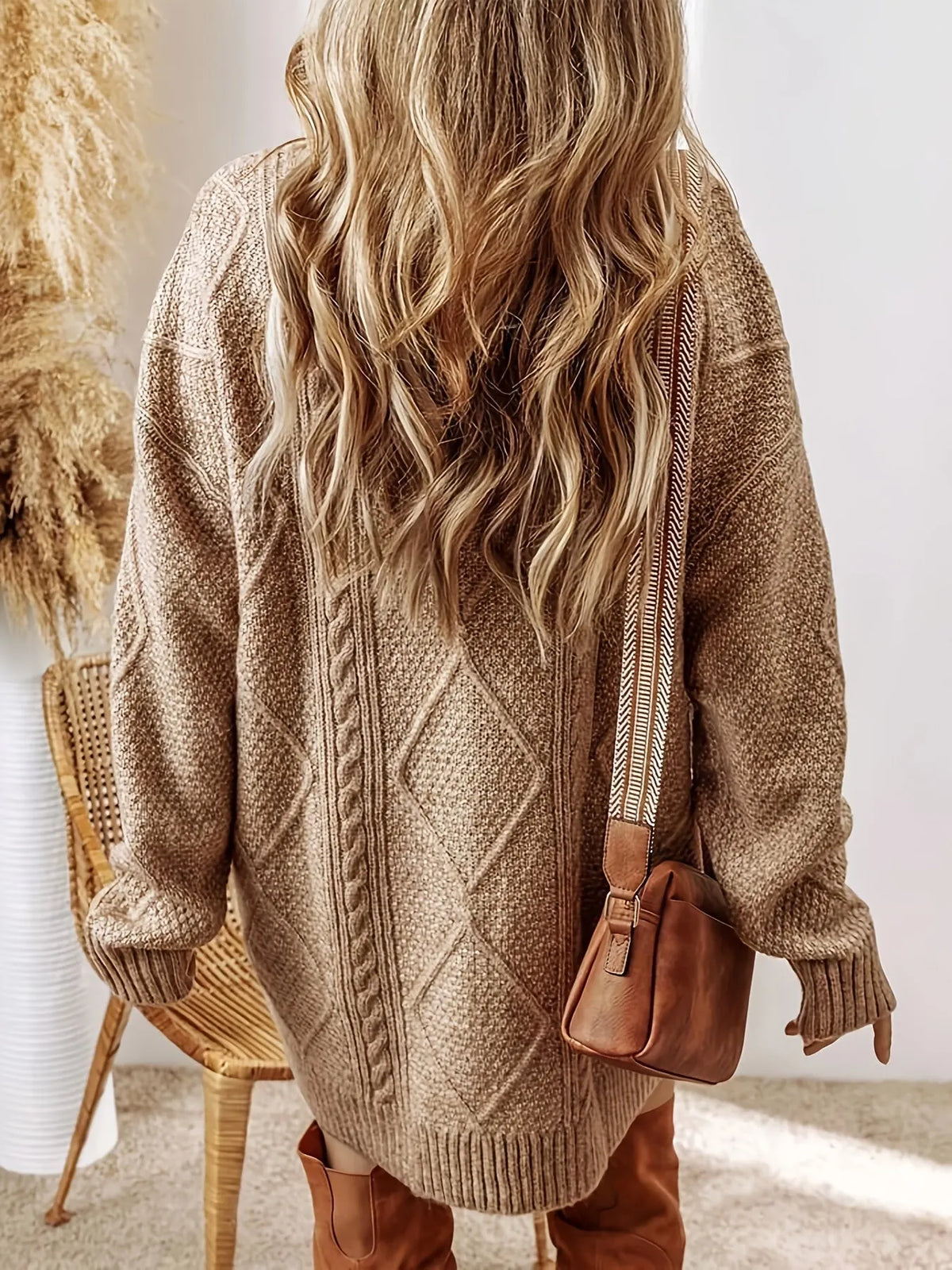 Women's Cable Knit Oversized Jumper Dress with Ribbed Cuffs