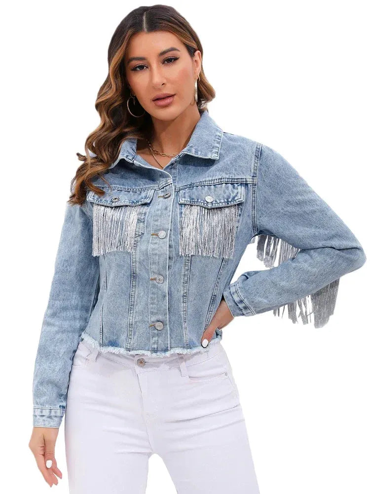 Denim Jacket for Women with Trendy Fringe and Casual Look