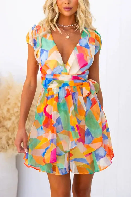 V Neck Tie Waist Splendid Printed Mini Wrap Dress
