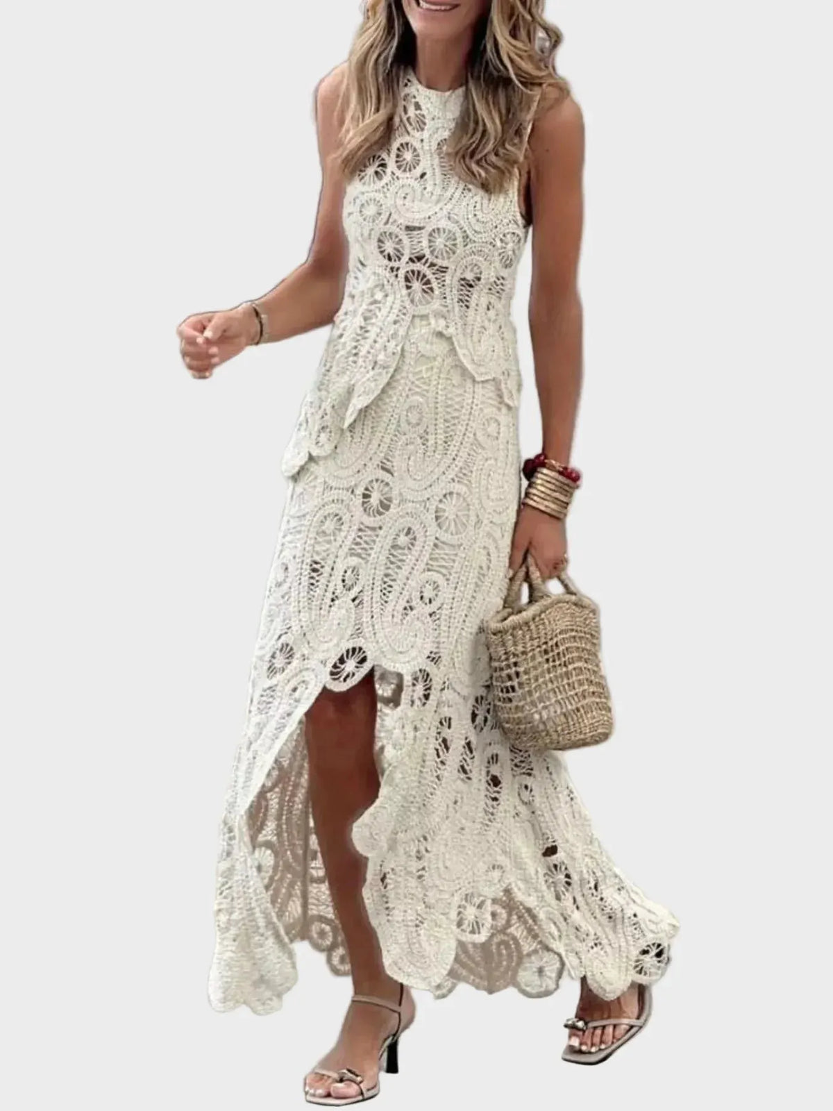 Women's Crochet Sleeveless Tank and Skirt Set with Openwork Design and Asymmetrical Hem