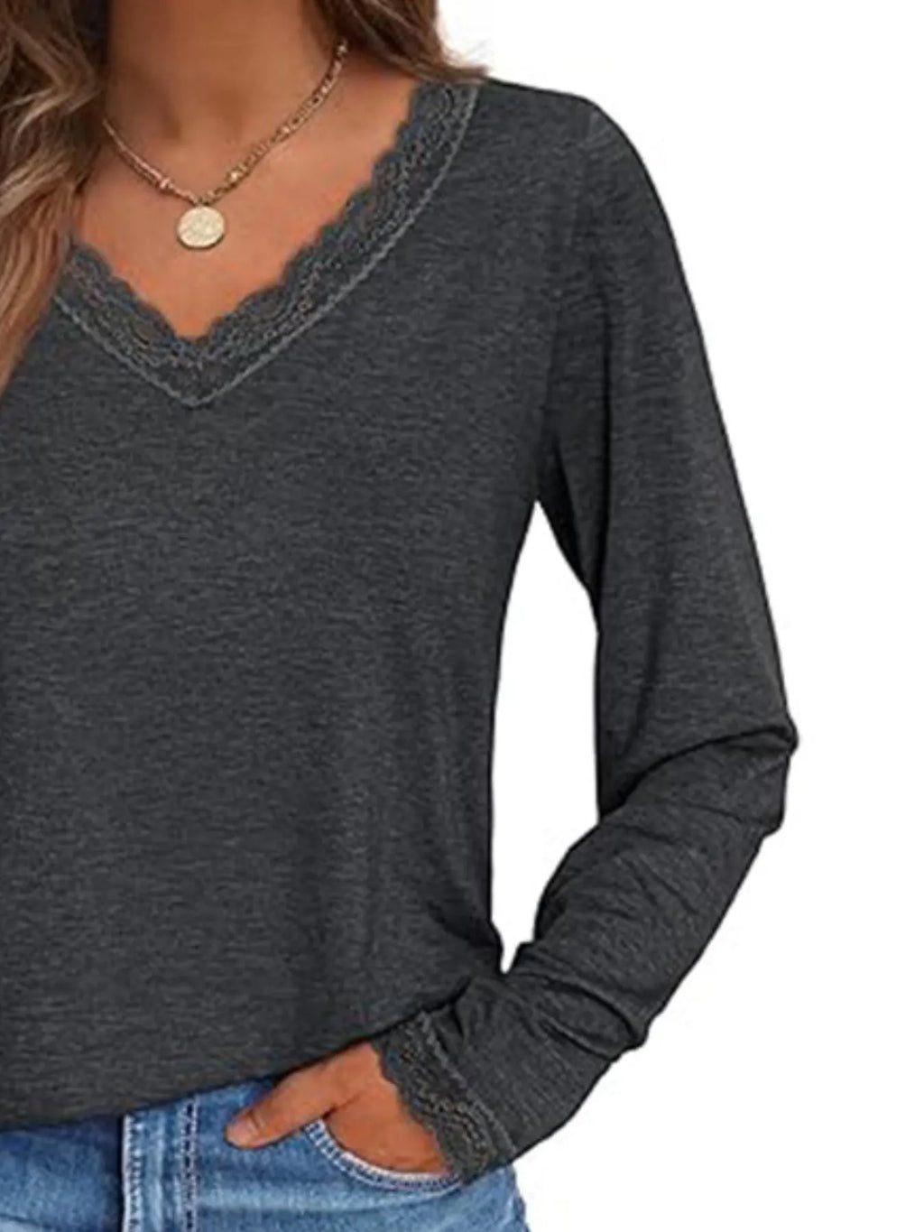 Lace Trim V-Neck Long Sleeve T-Shirt