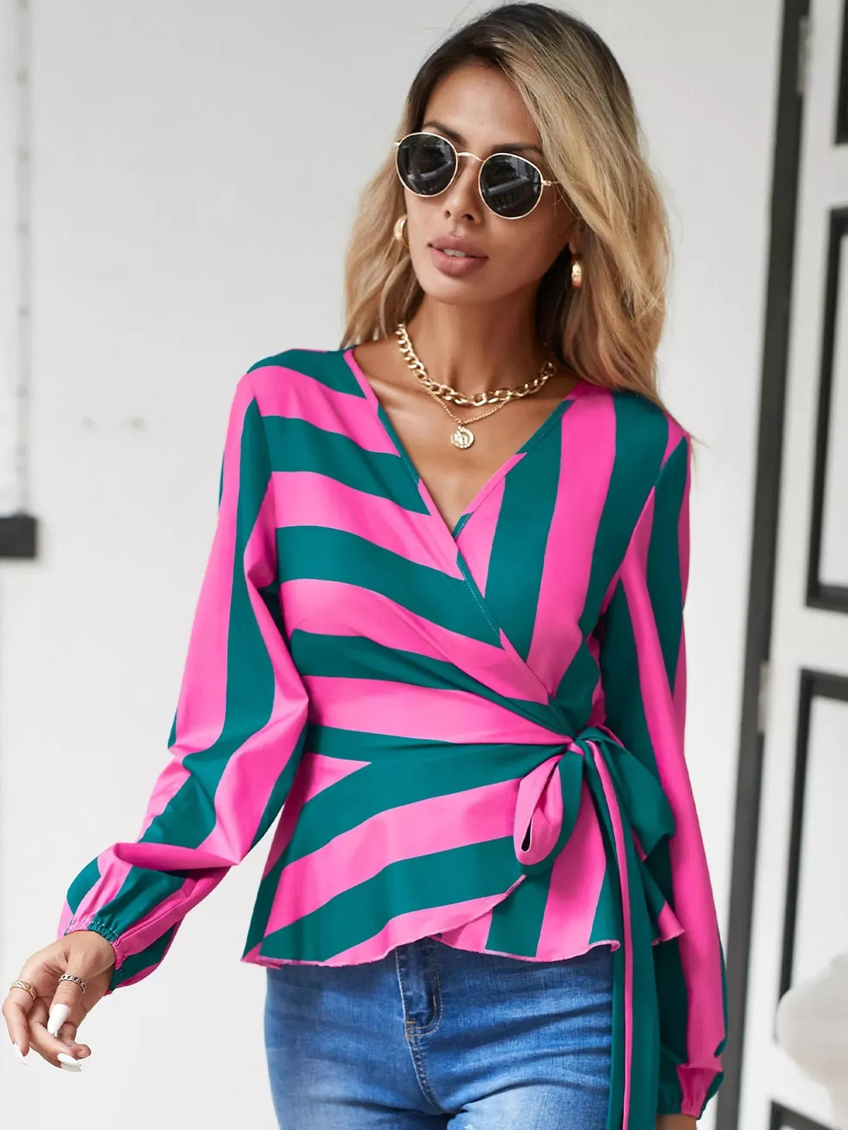 Striped Wrap Blouse with Tie Detail
