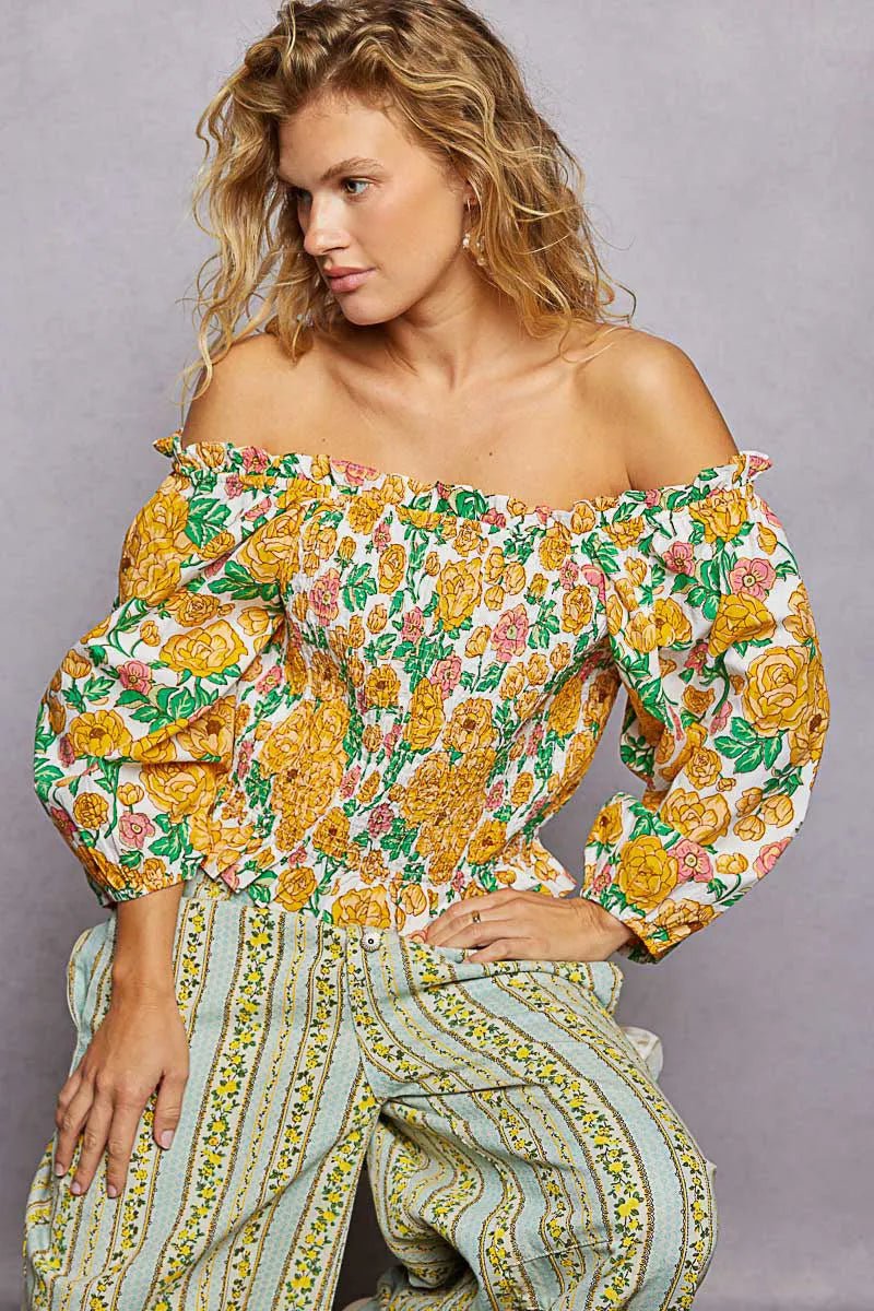 POL Floral Print Off-Shoulder Smocked Blouse