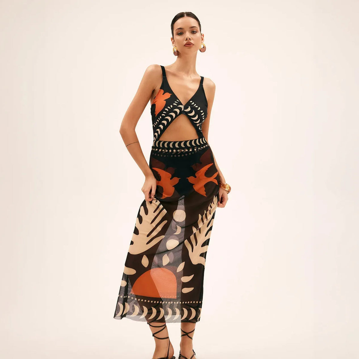 Maxikleid mit abstraktem Print und Schlüsselloch