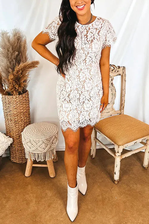 Short Sleeve Hollow Out Lace Pencil Dress