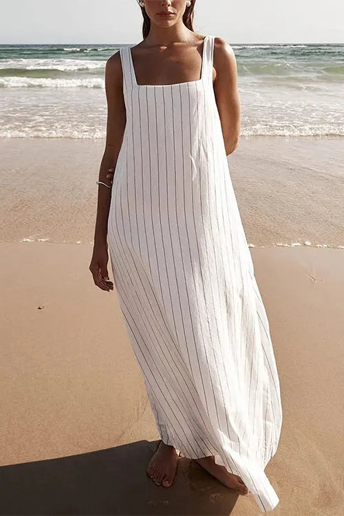 Square Collar Striped Maxi Cami Beach Dress