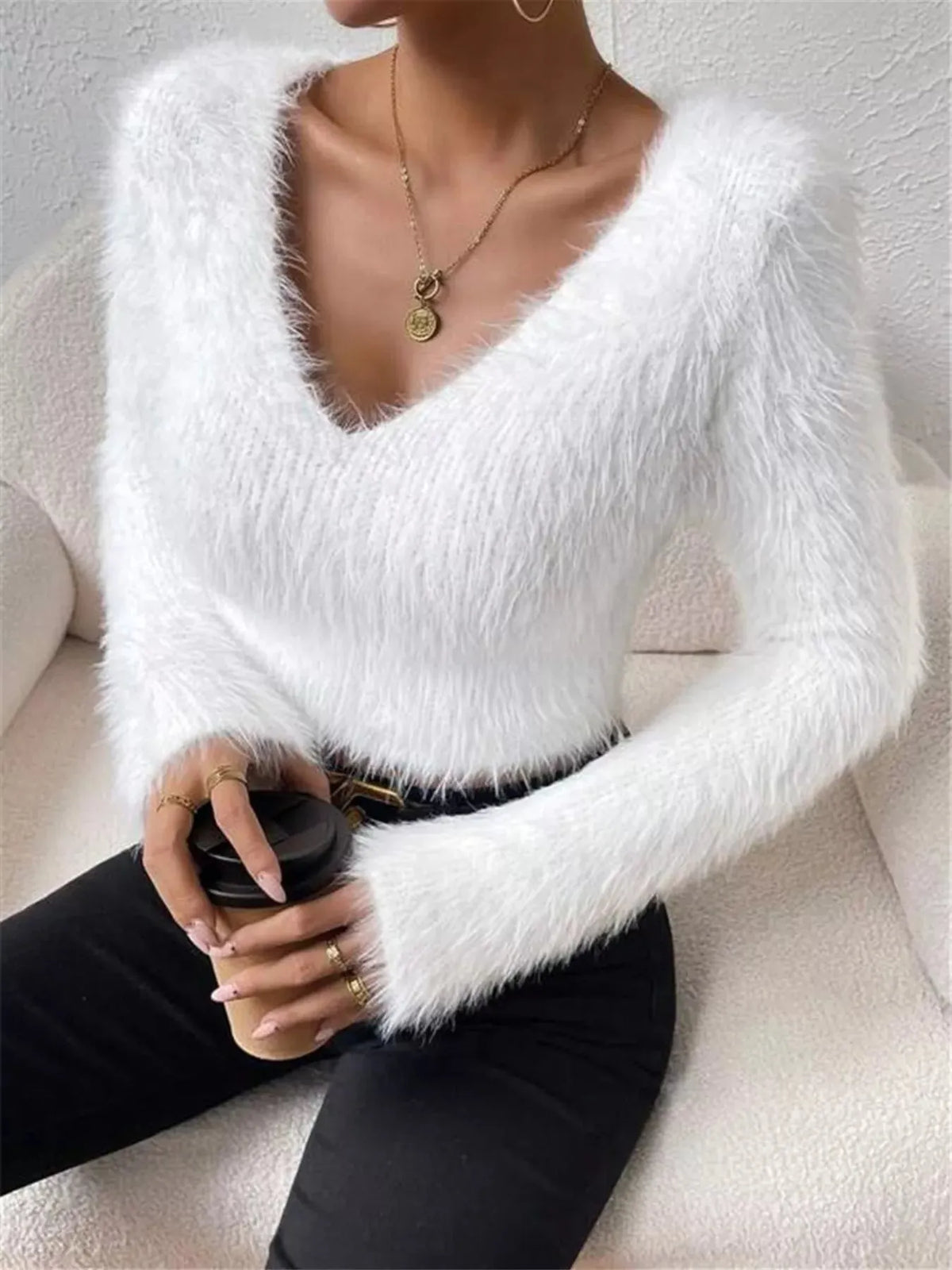 Fluffy Knit V-Neck Sweater