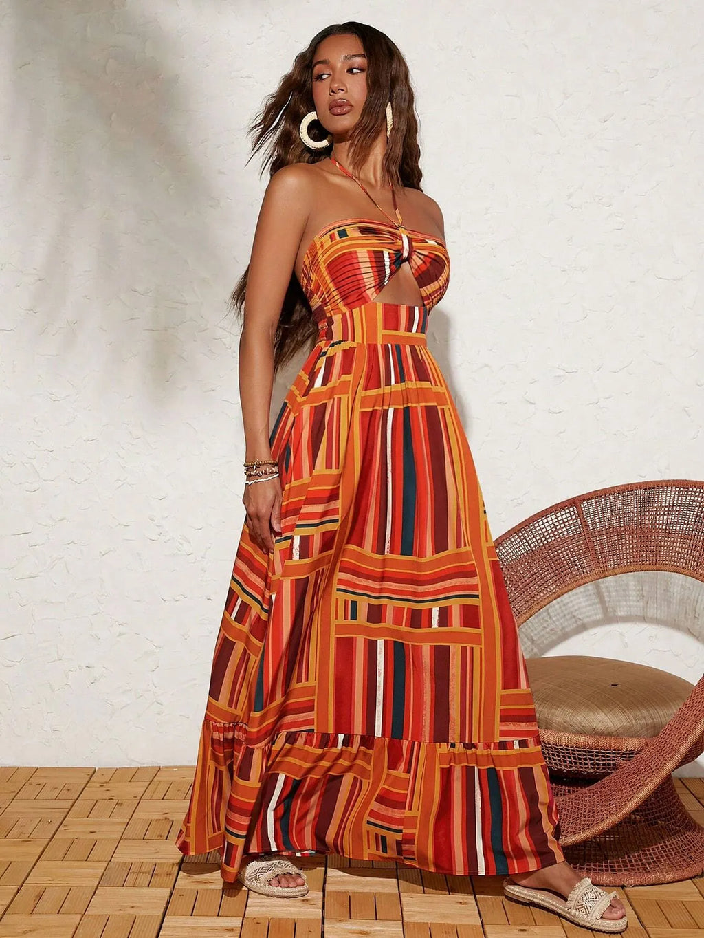 Vestido Longo Isadora Listrado Laranja