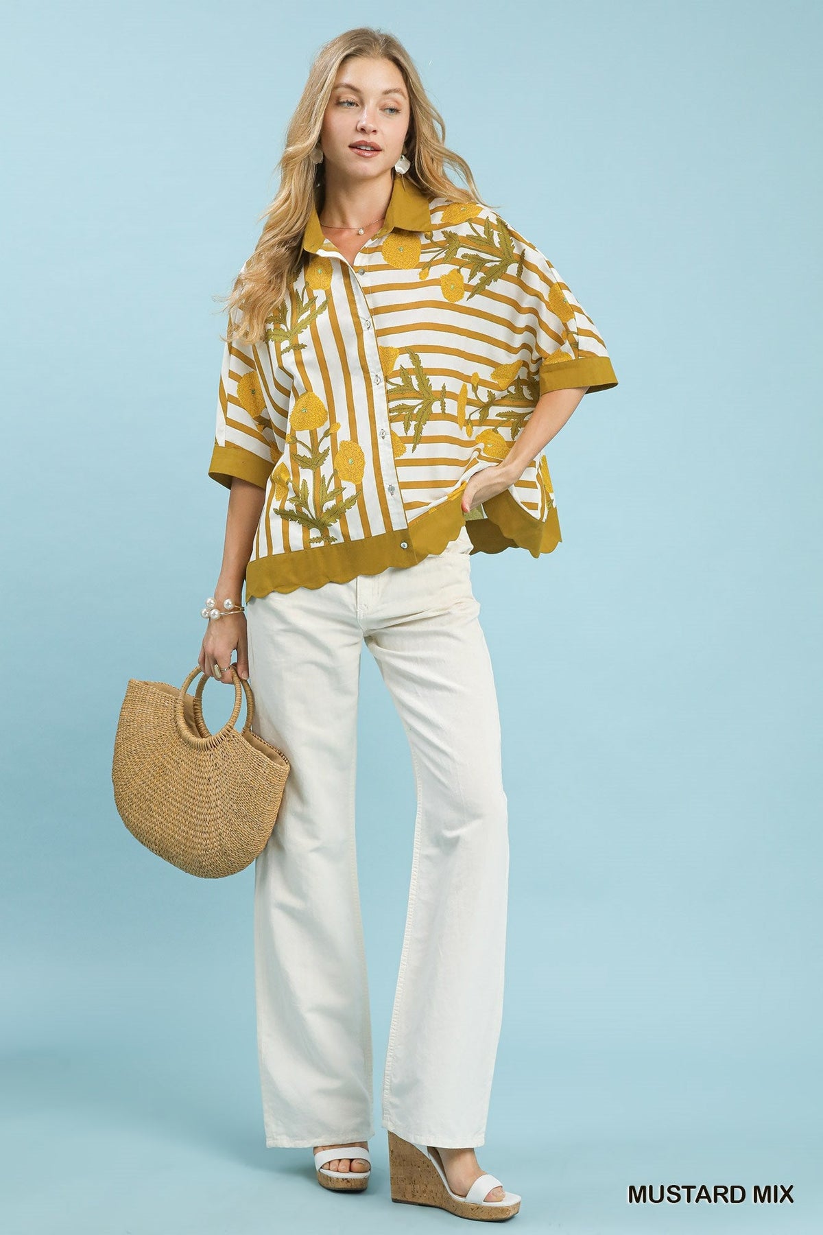 Umgee Mix Floral Stripe Button Down Top