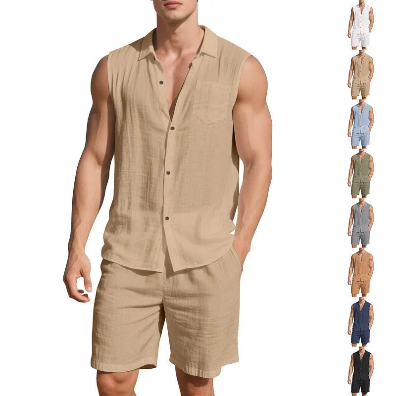 Herren nan ärmelloses Hemd- und Shorts-Set aus Baumwoll-Leinen mit Kentkragen und elastischem Tunnelzugbund