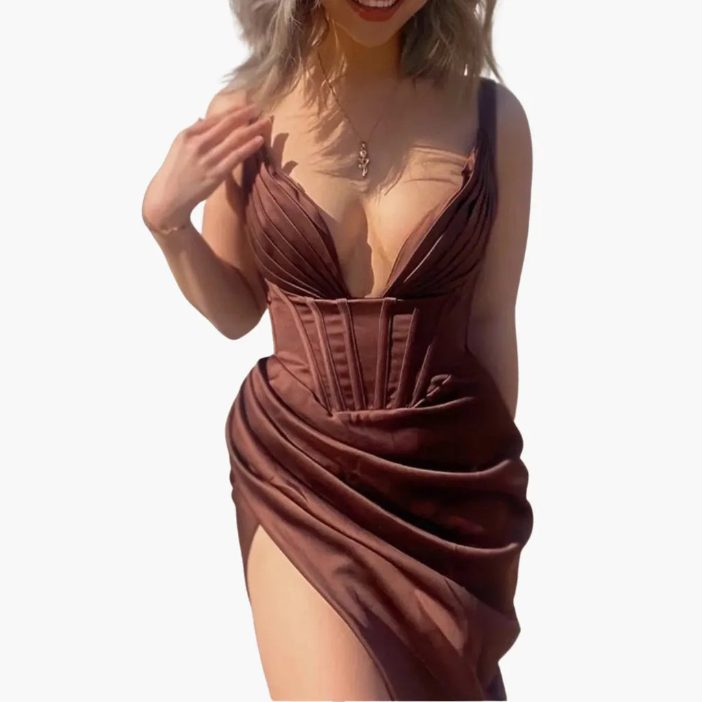 Womenâ€™s Satin Midi Dress with Deep V Neckline and Cinched Waist