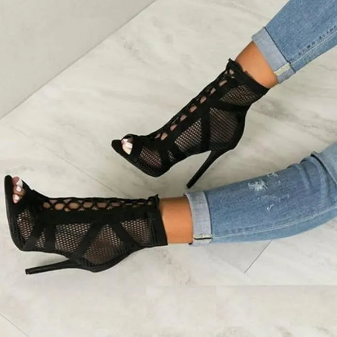 Damen Sandaletten mit hohen Absätzen - Verführerische Spitze und Mesh für den perfekten Party-Look
