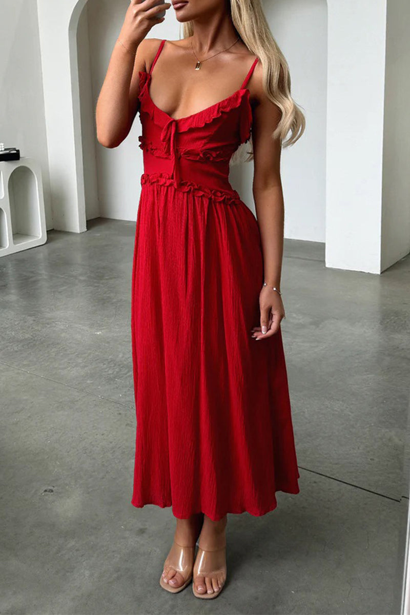 Sexy Solid Color Lace Up Ruffle V Neck Sling Dresses