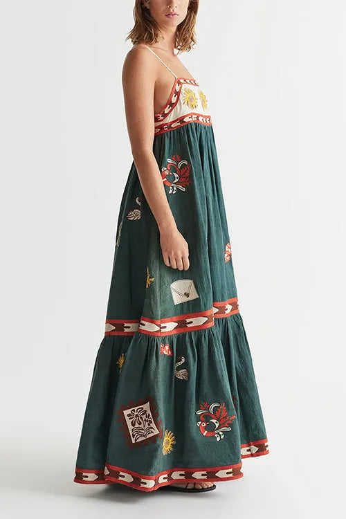 Spaghetti Strap Backless Printed Swing Maxi Sun Dress