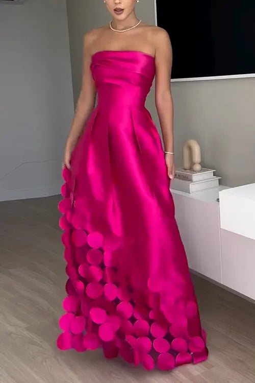 Strapless Waisted Polka Dot Applique Maxi Party Dress