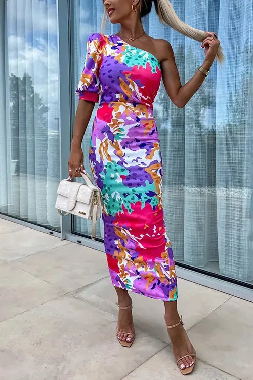 One Shoulder Back Slit Printed Maxi Dress