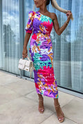 One Shoulder Back Slit Printed Maxi Dress