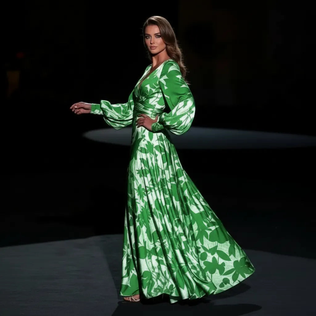 Maxikleid | Ballonsärmel und V-Ausschnitt | Frühling/Sommer