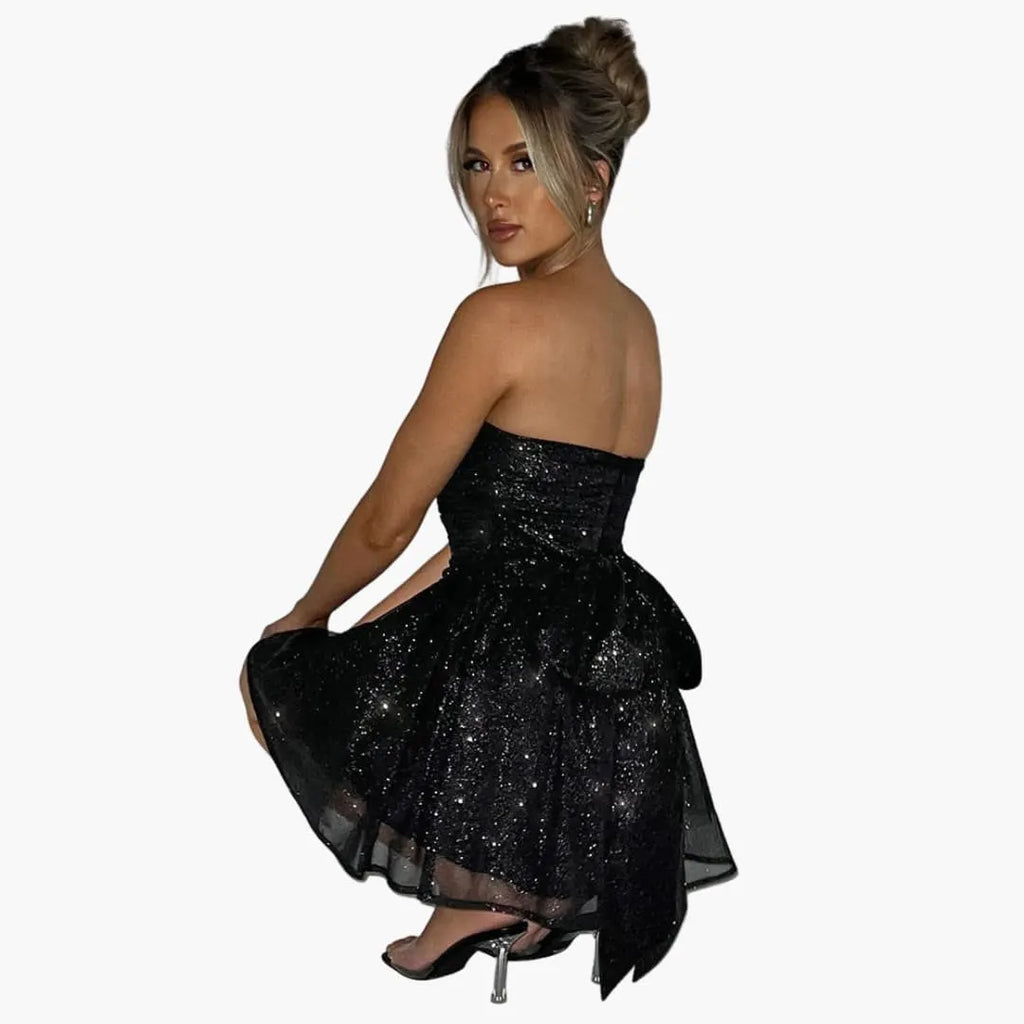 Womenâ€™s mini dress with bandeau neckline and flared skirt