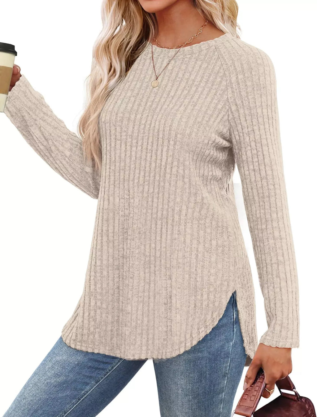 Casual Ribbed Knit Long Sleeve T-Shirt