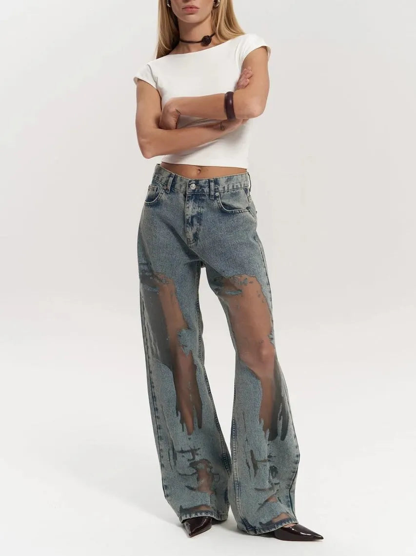 Trixie – Denim Bukser med Gennemsigtige Detaljer
