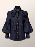 Marlies | Denim Women's Blouse with Bow