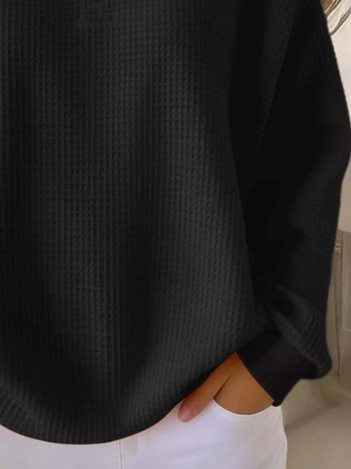 Full Size Casual Waffle Knit Button Detail Pullover Plus Size