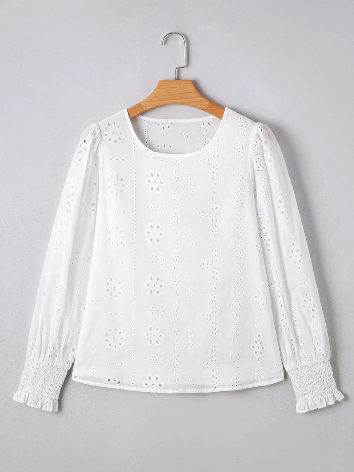 Eyelet Long Sleeve Blouse with Elastic Cuffs