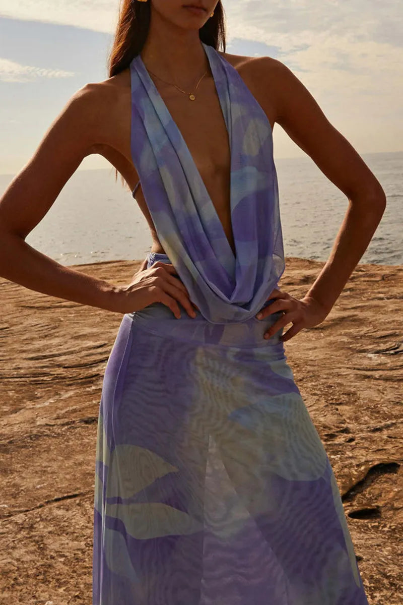 Sexy Gradual Change Print Backless Scarf Collar Sleeveless Two Pieces