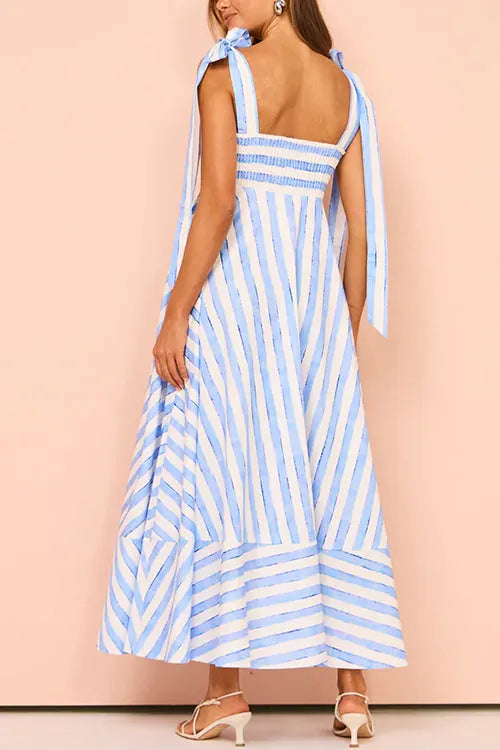 Pocketed Bow Shoulder Striped Swing Maxi Cami Dress