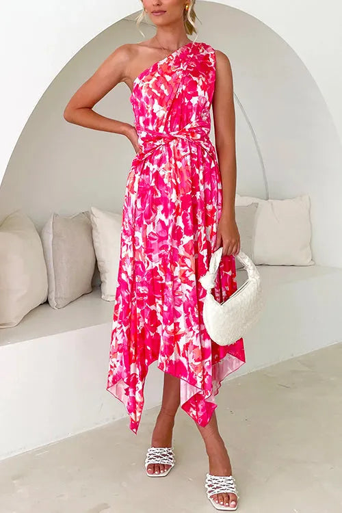 One Shoulder Sleeveless Twist Front Floral Pleated Dress