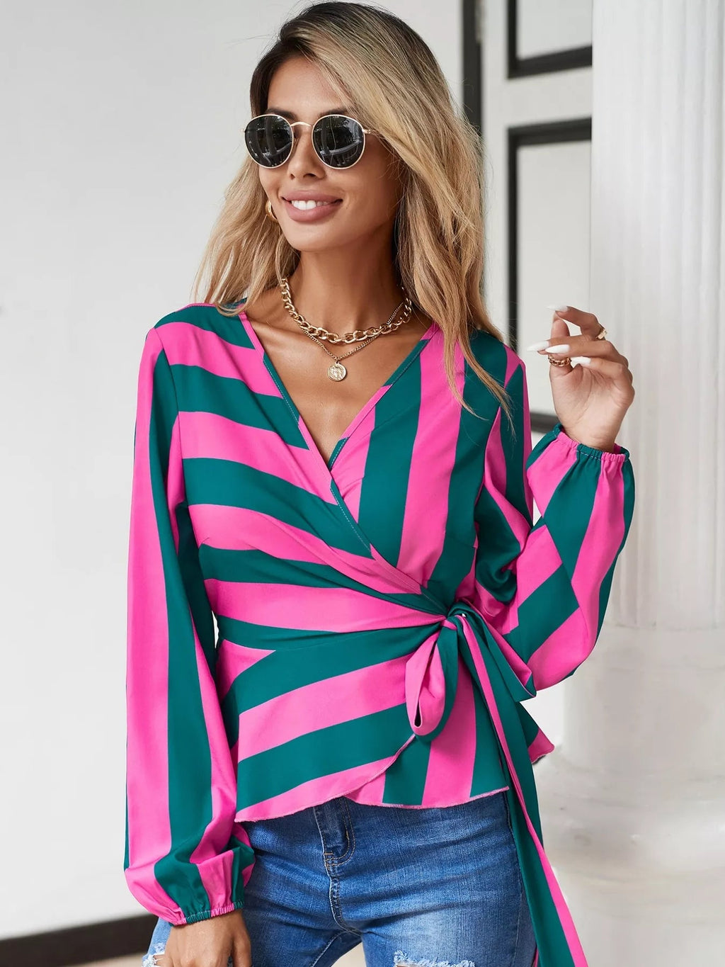 Striped Wrap Blouse with Tie Detail