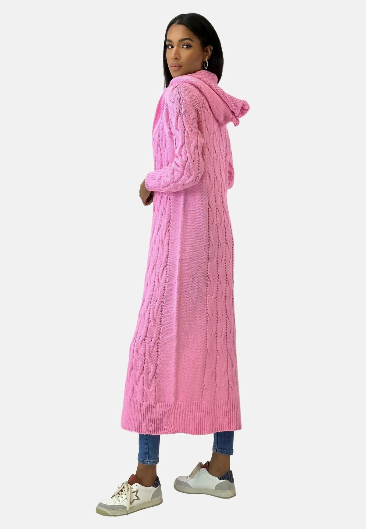 - Lange Strickjacke mit Kapuze
