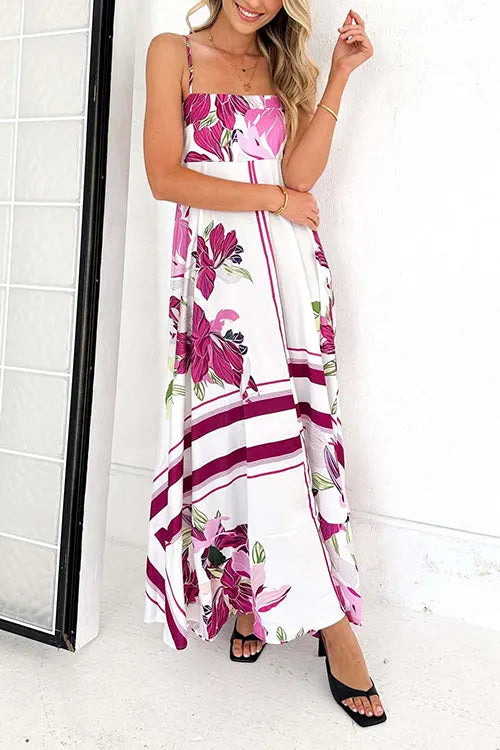 Spaghetti Strap High Waist Floral Print Swing Maxi Vacation Dress