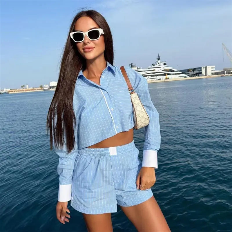 MARINDA | Gestreepte Korte Zomer Set Voor Dames - Luxe, Stijlvol & Elegant