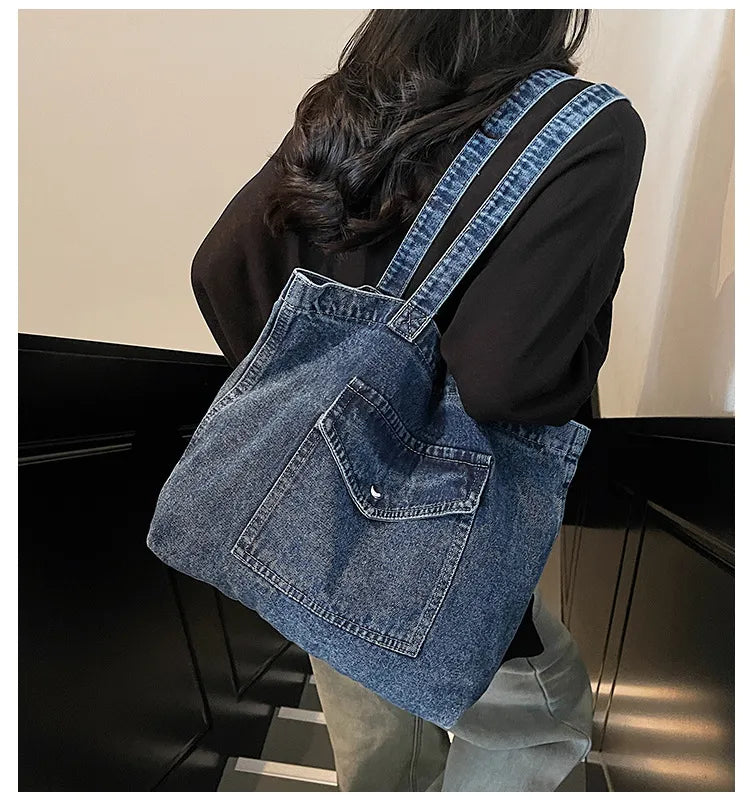 ROOS | Denim Tote Bag Voor Dames Met Voorvak En Lange Hengsels – Casual, Praktisch, Tijdloos