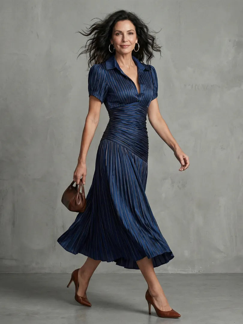 Theodora | Pleated Waistline Stripe Midi Dress
