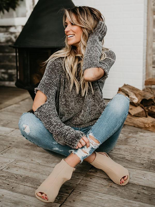 Knit Round Neck Hole Long Sleeve Winter Sweater Tops