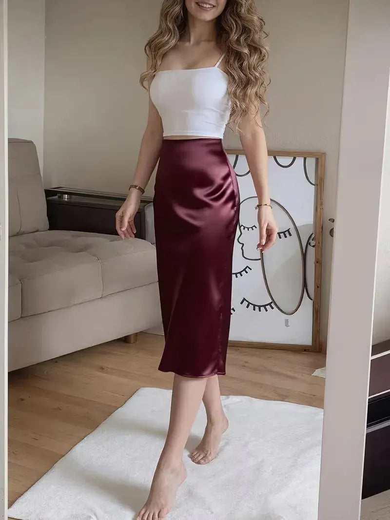 Satin Skirt for Women with High Split and Knot Details