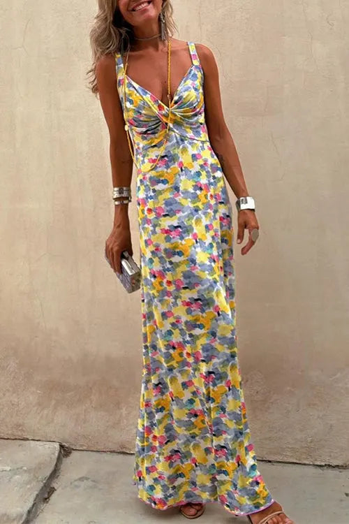 Cross V Neck Abstract Print Swing Maxi Cami Dress
