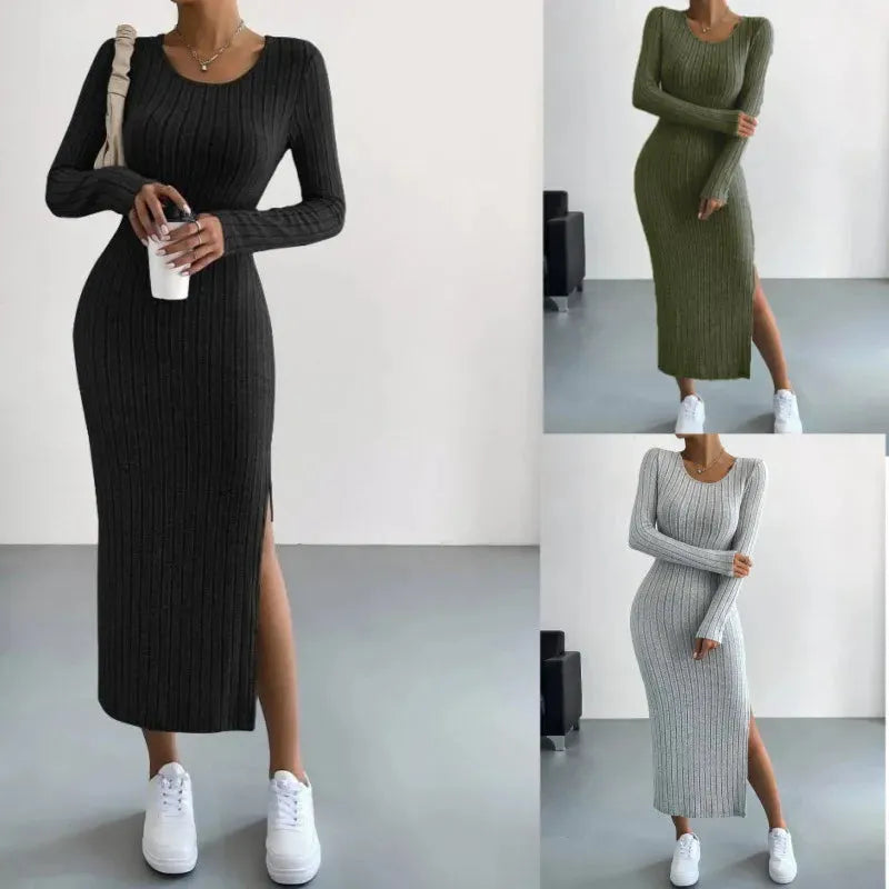 MAREN | Winter Gebreide Midi-Jurk Met Lange Mouwen & Zijsplit – Warm, Stijlvol & Flatterend