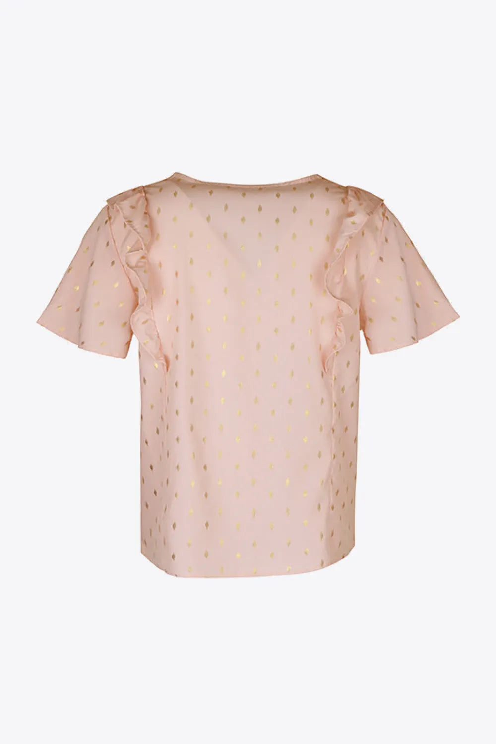 Perfee Printed Ruffle Trim Pleated Detail Blouse