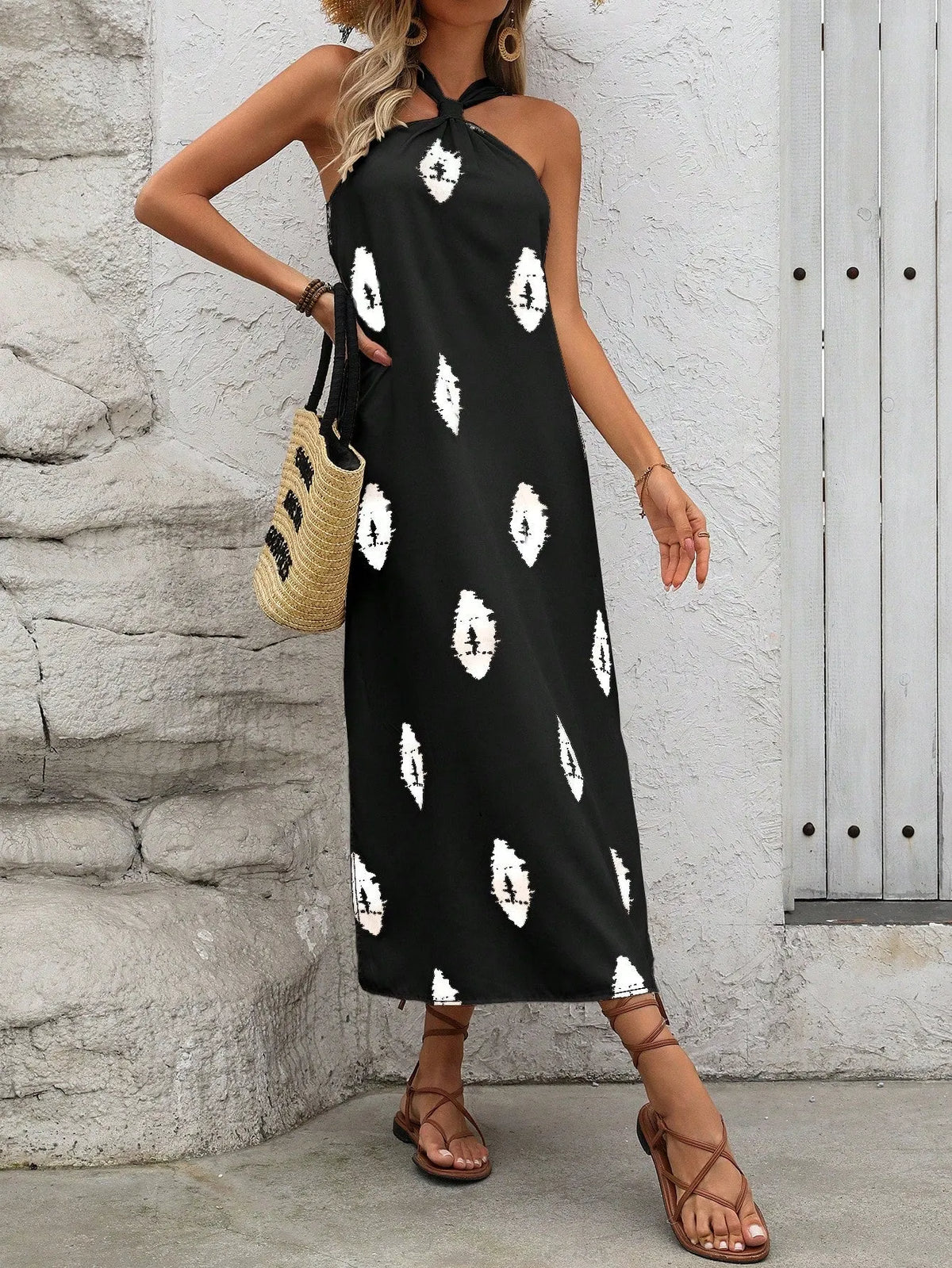 Vestido Longo Estampa GeomÃ©trica Decote Halte HÃ©dena