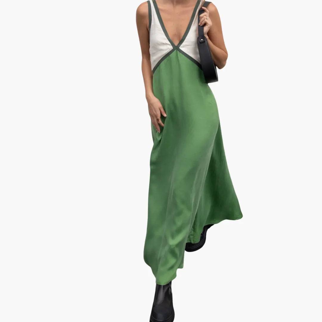 Womenâ€™s Maxi Dress with V-Neck and Colour-Block Design