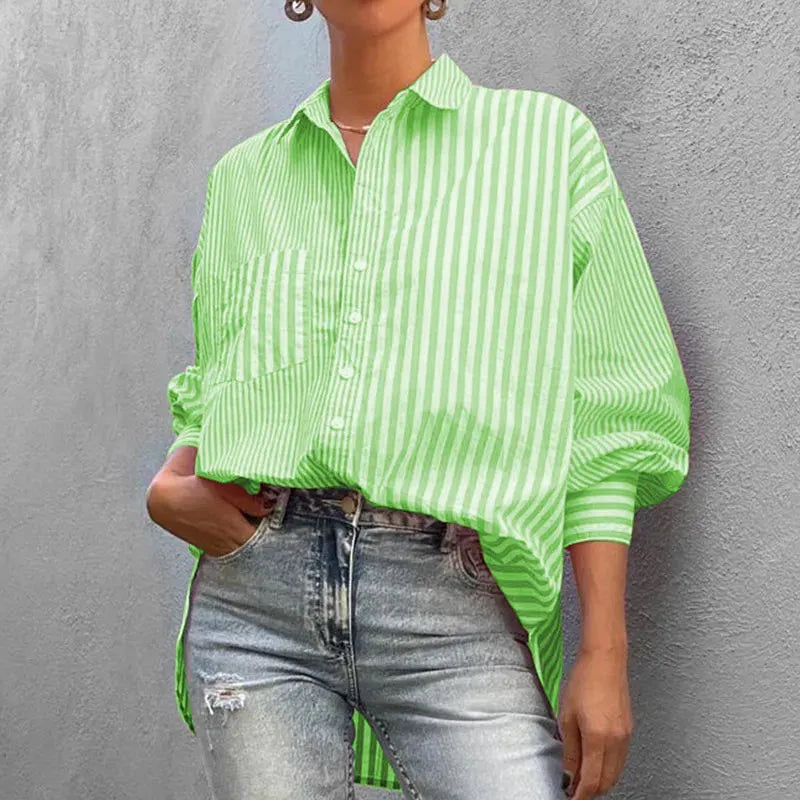 MAKENA | Oversized Dames Blouse - Gestreept Met Borstzakje