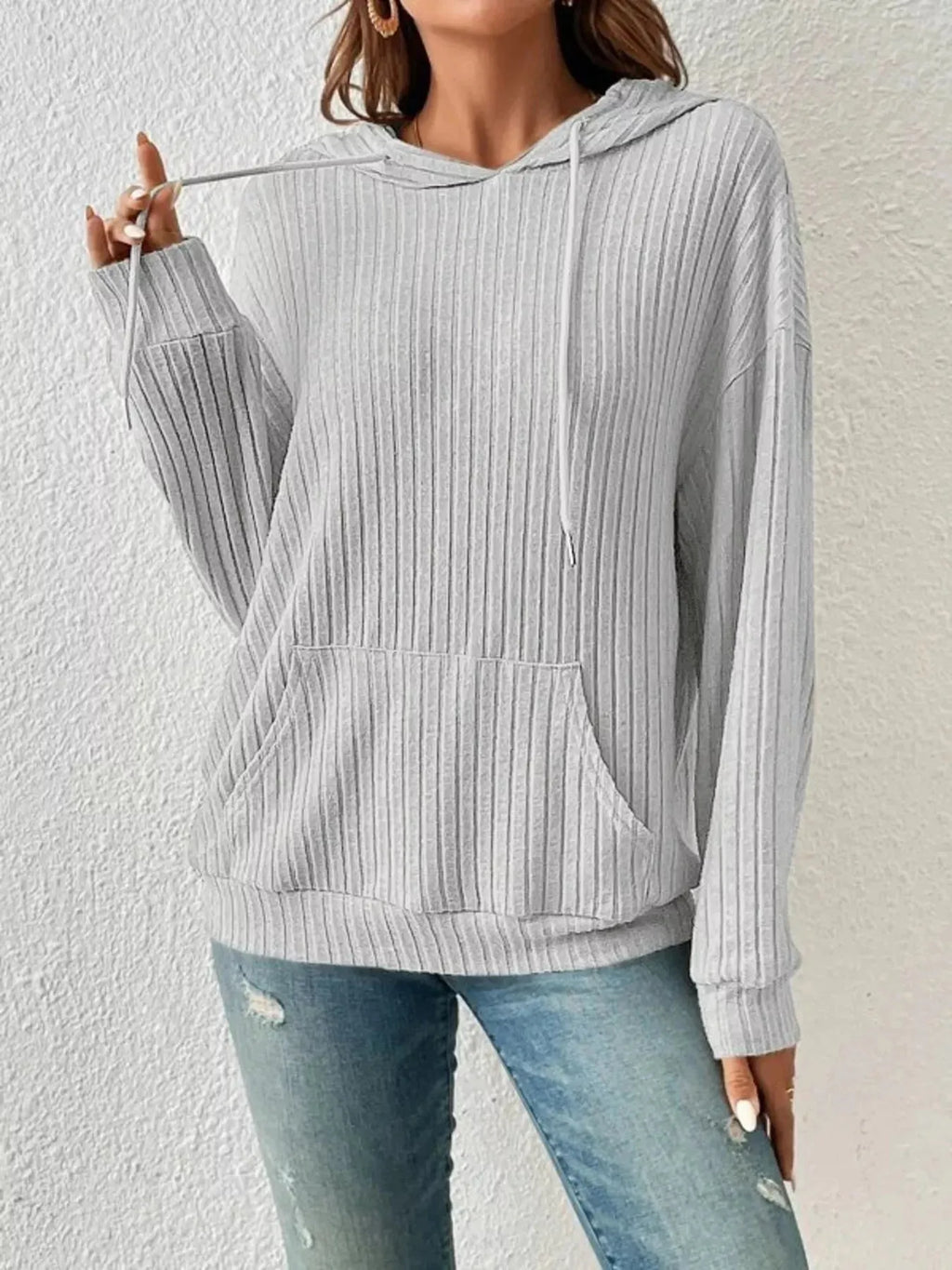 Casual Ribbed Knit Drawstring Hoodie