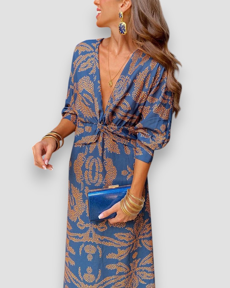 Bedrucktes Langarmkleid – V-Ausschnitt mit Knotendetail