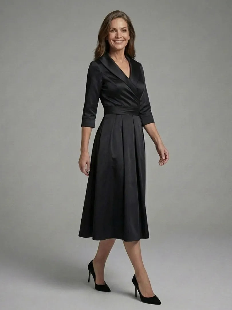 Genevieve | Three-Quarter Sleeve Wrap Bodice Midi Dress